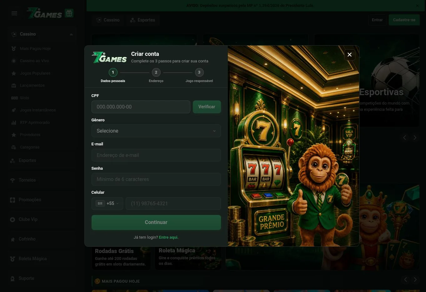 Formulário público de cadastro exibido pelo site oficial 7Games
