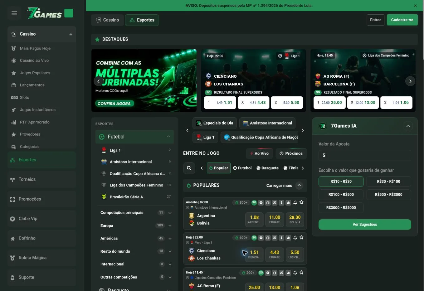 Área oficial de apostas esportivas da 7Games com competições e mercados