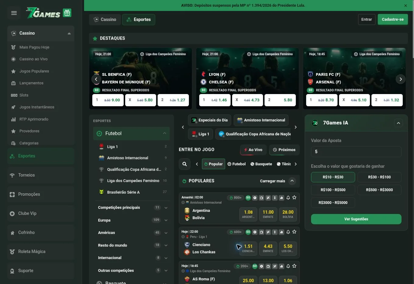 Área de esportes com filtro ao vivo da 7Games