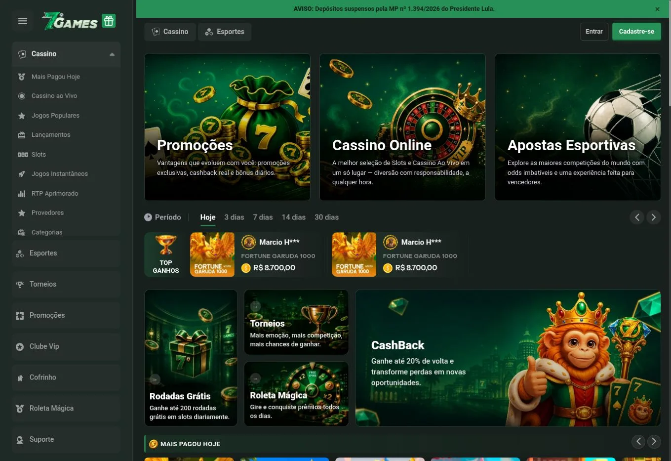 Página oficial da 7Games com aviso de depósitos suspensos