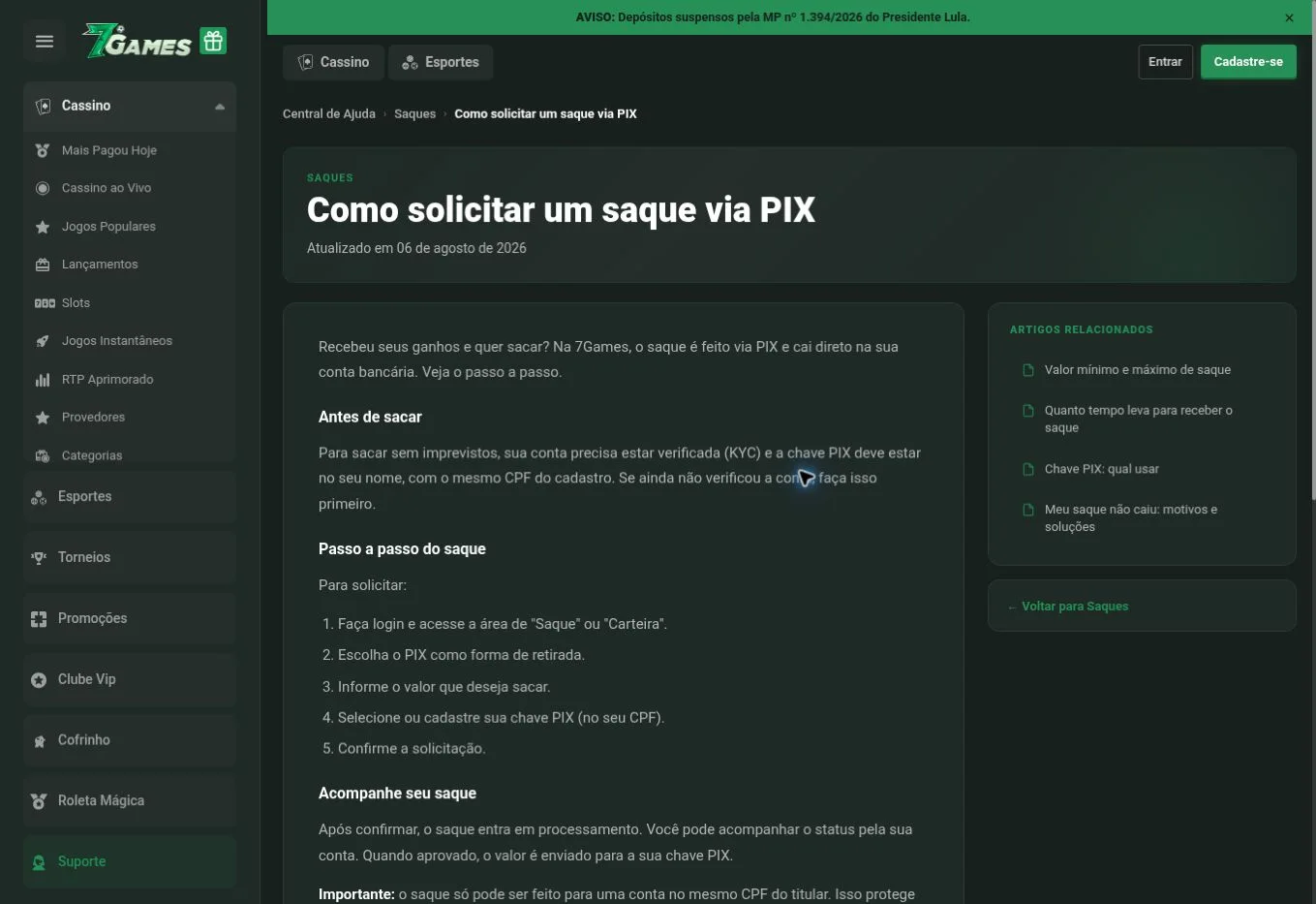 Artigo oficial da 7Games sobre saque via Pix