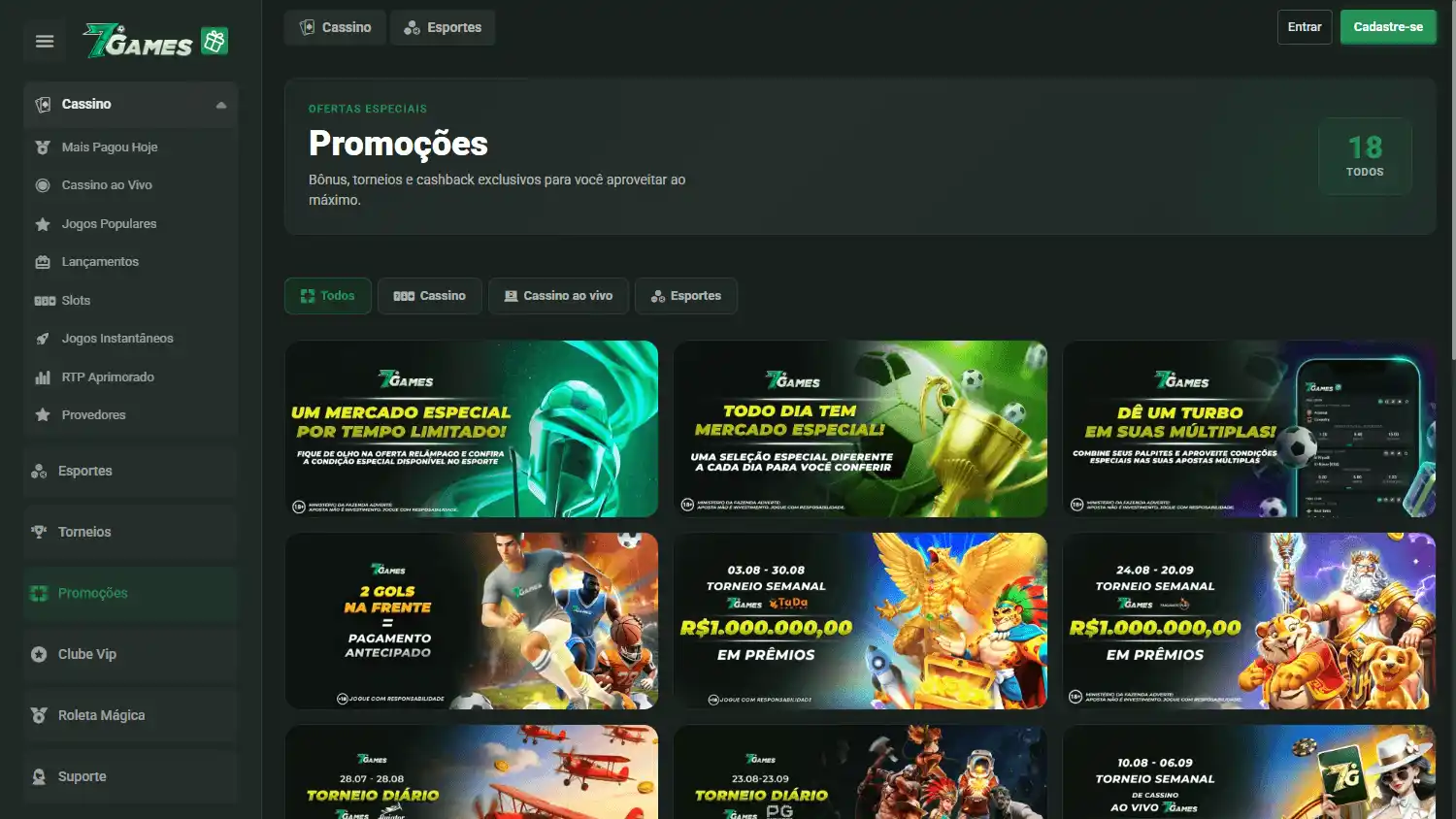 Arquivo da área de promoções 7Games em desktop