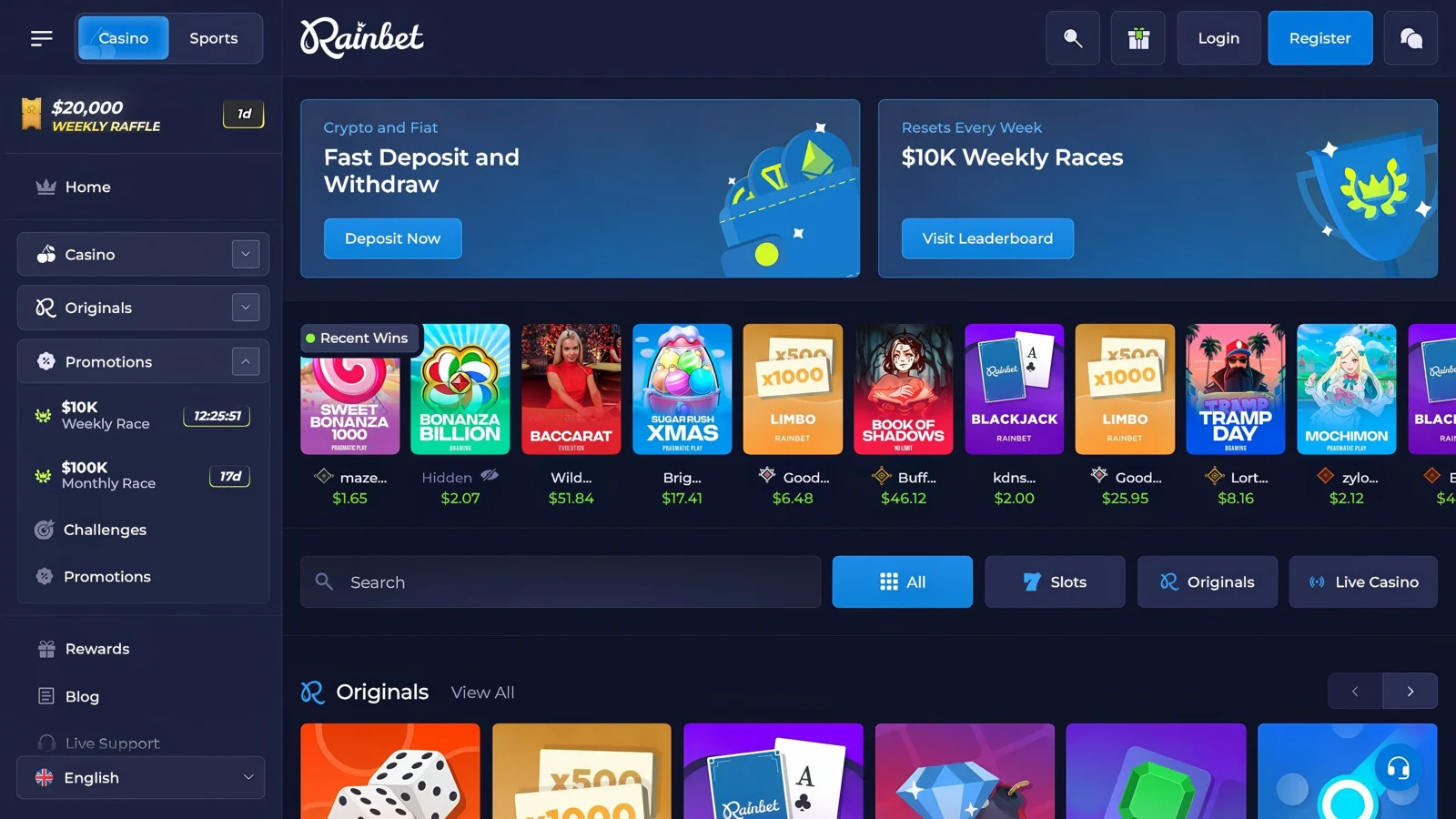 Interface do site Rainbet