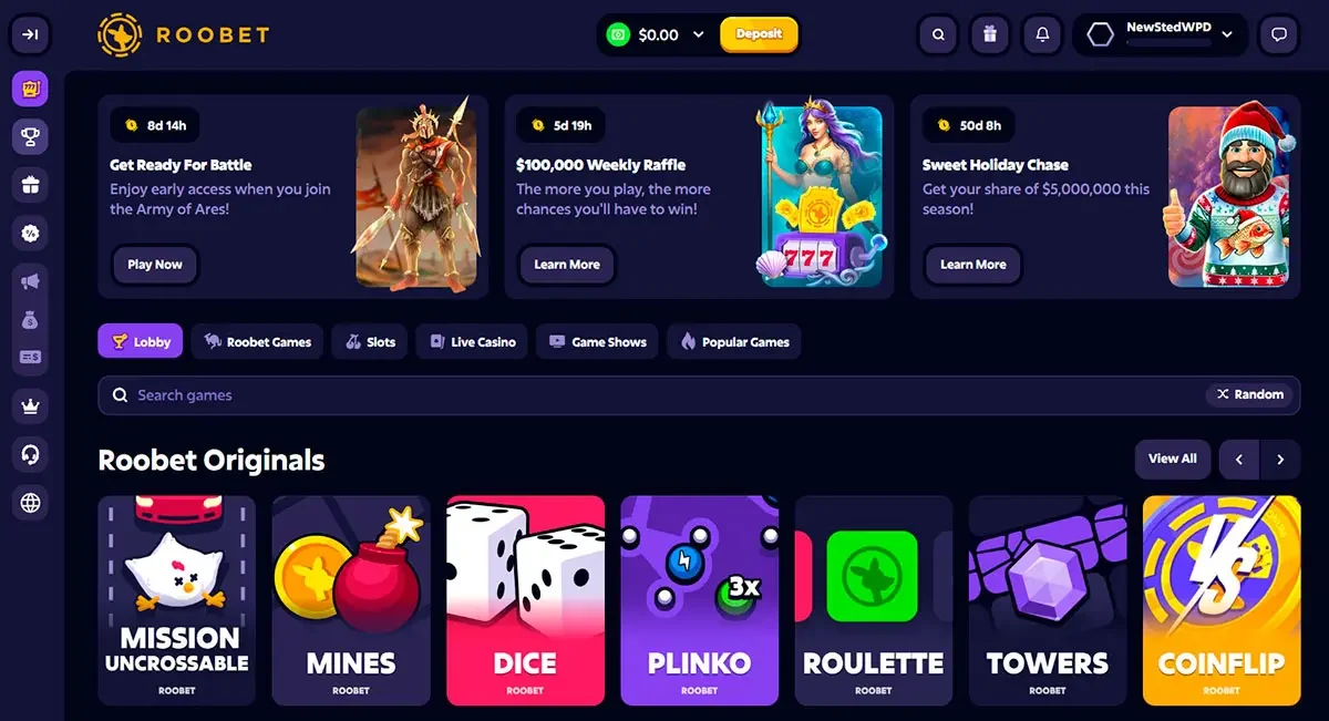 Interface do site Roobet