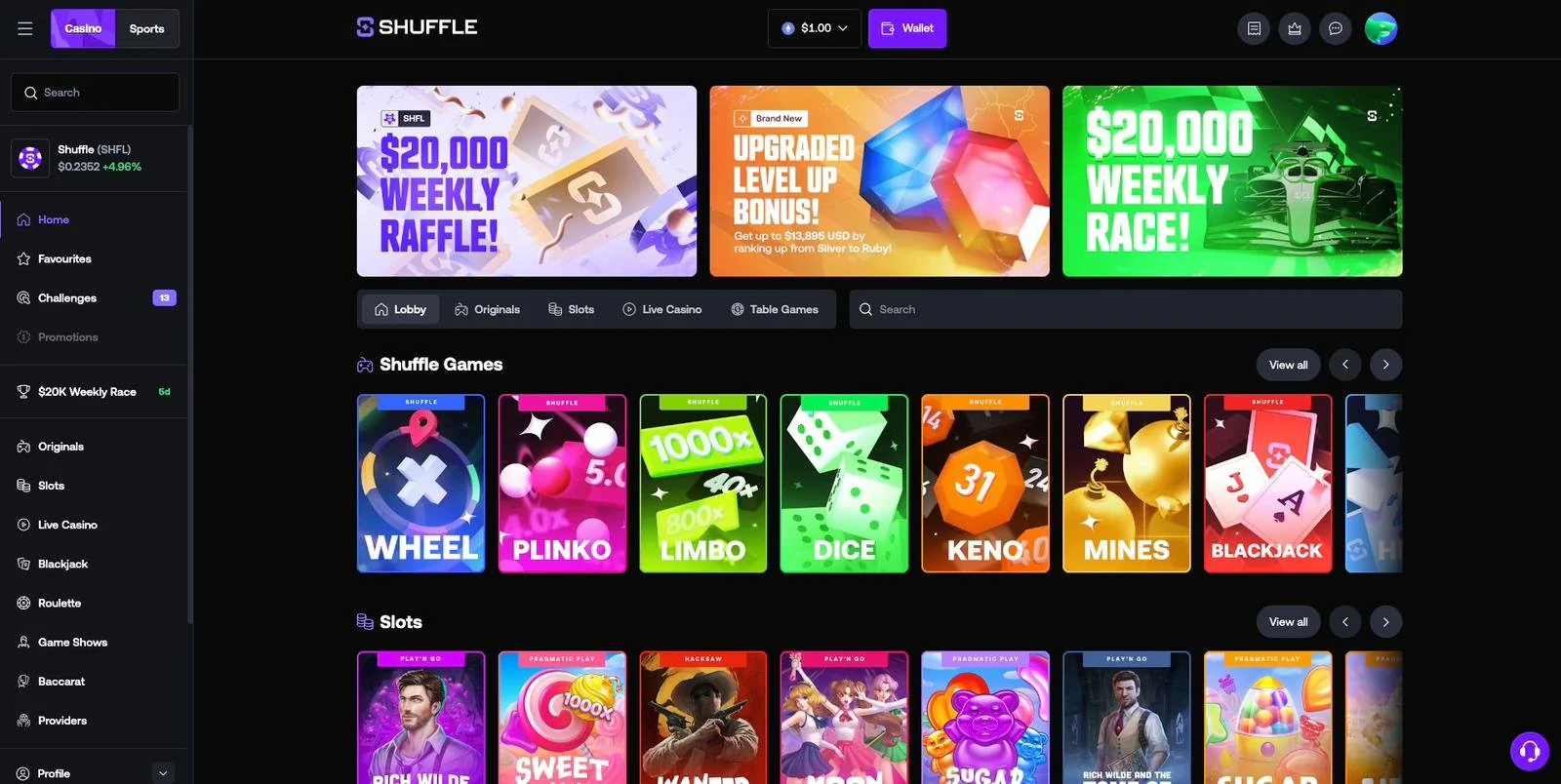 Interface do site Shuffle