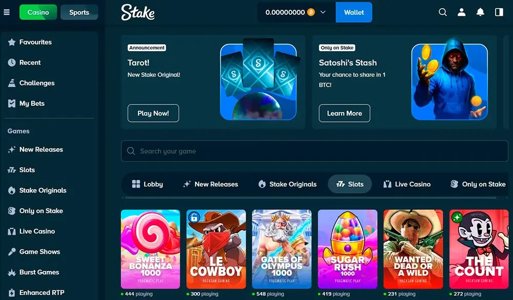 Interface do site Stake